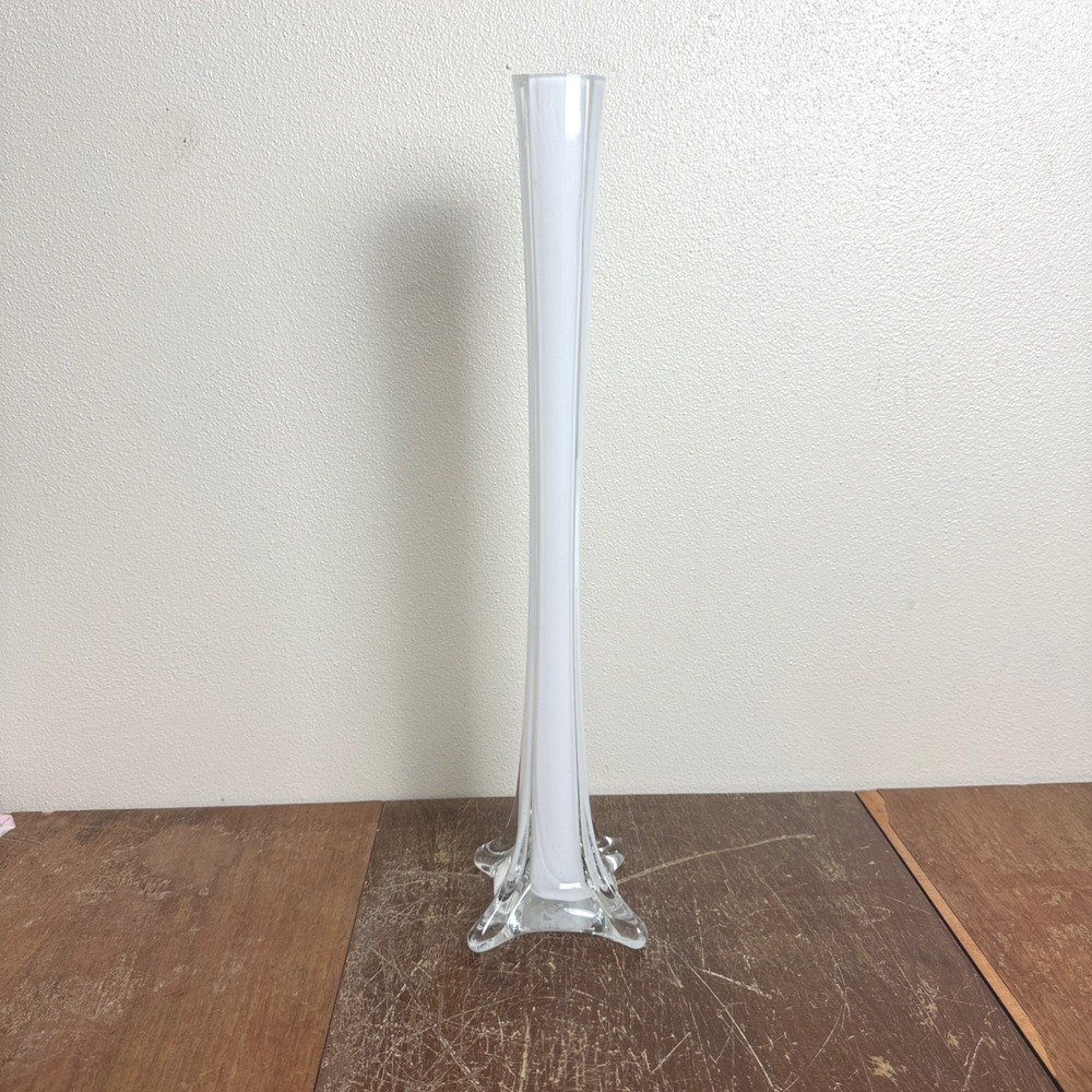Vintage MCM Retro‎ Tall White Cased Glass Bud Flower Vase 16 inch Home Decor